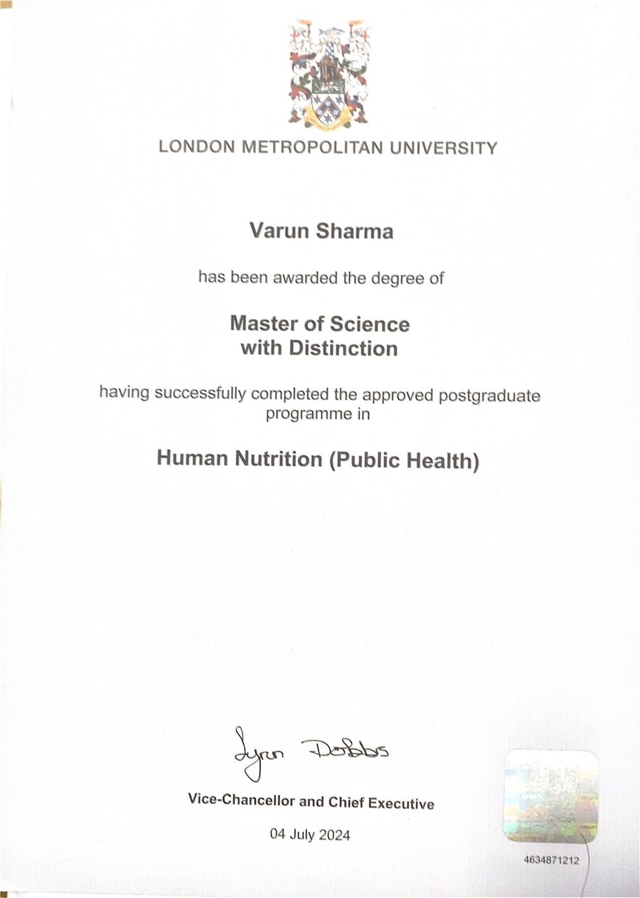 MSc Human Nutrition degree certificate with Distinction, London Metropolitan University